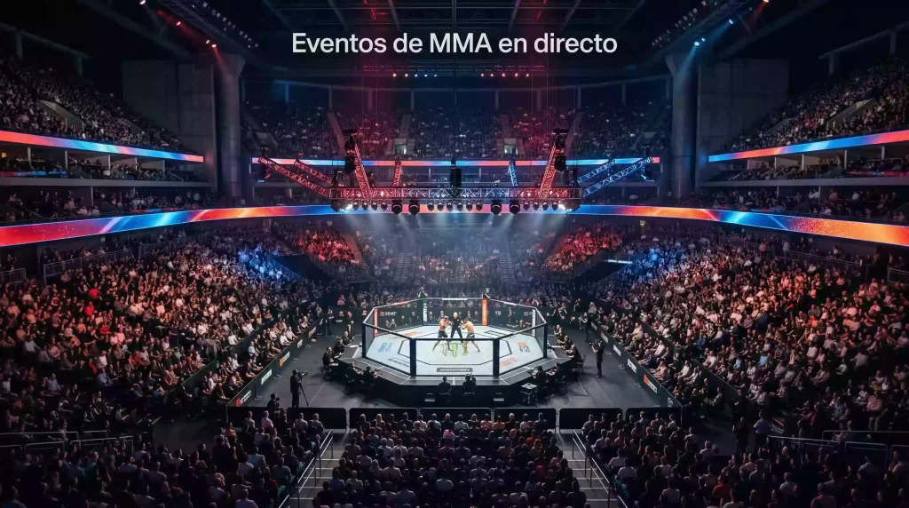 Escenario de evento de UFC con pantallas de transmisión y octágono iluminado en un estadio