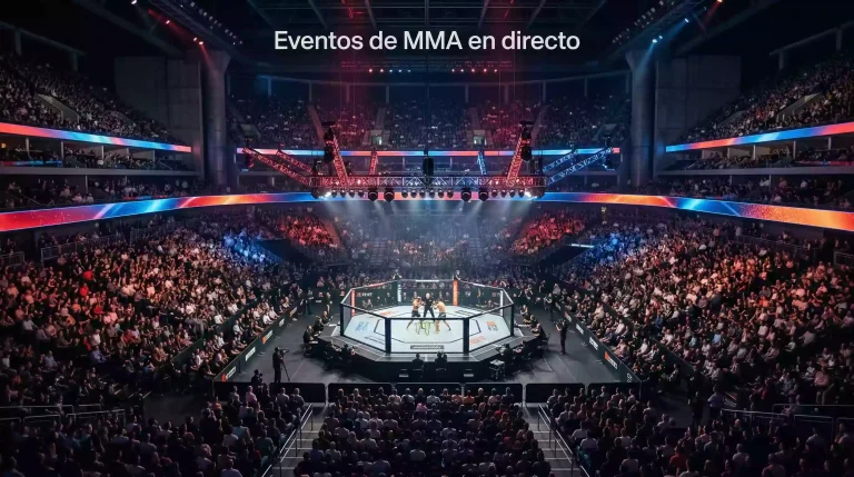 Escenario de evento de UFC con pantallas de transmisión y octágono iluminado en un estadio