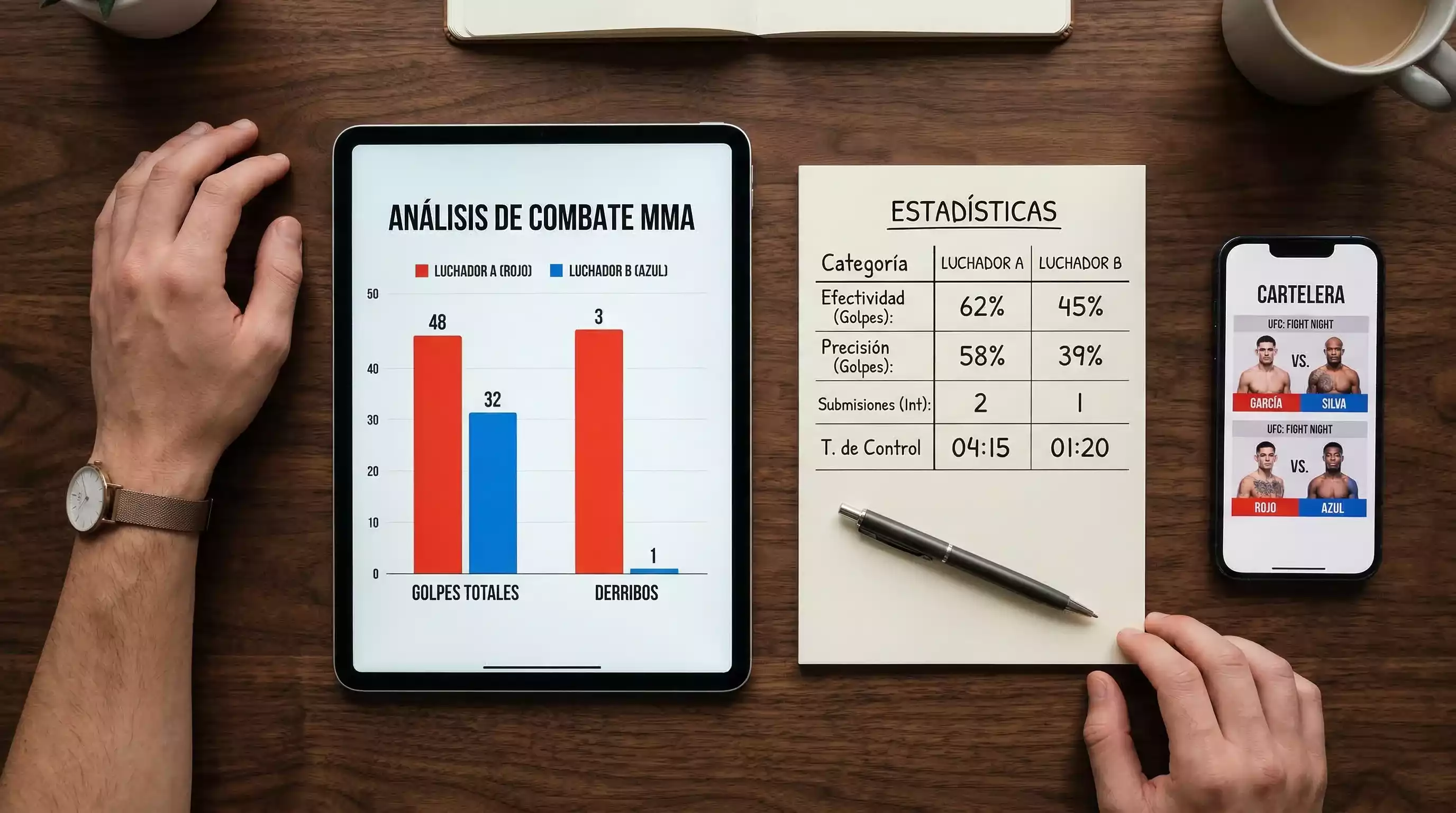 Analista revisando estadísticas de peleadores de MMA con gráficos de rendimiento en una mesa de trabajo