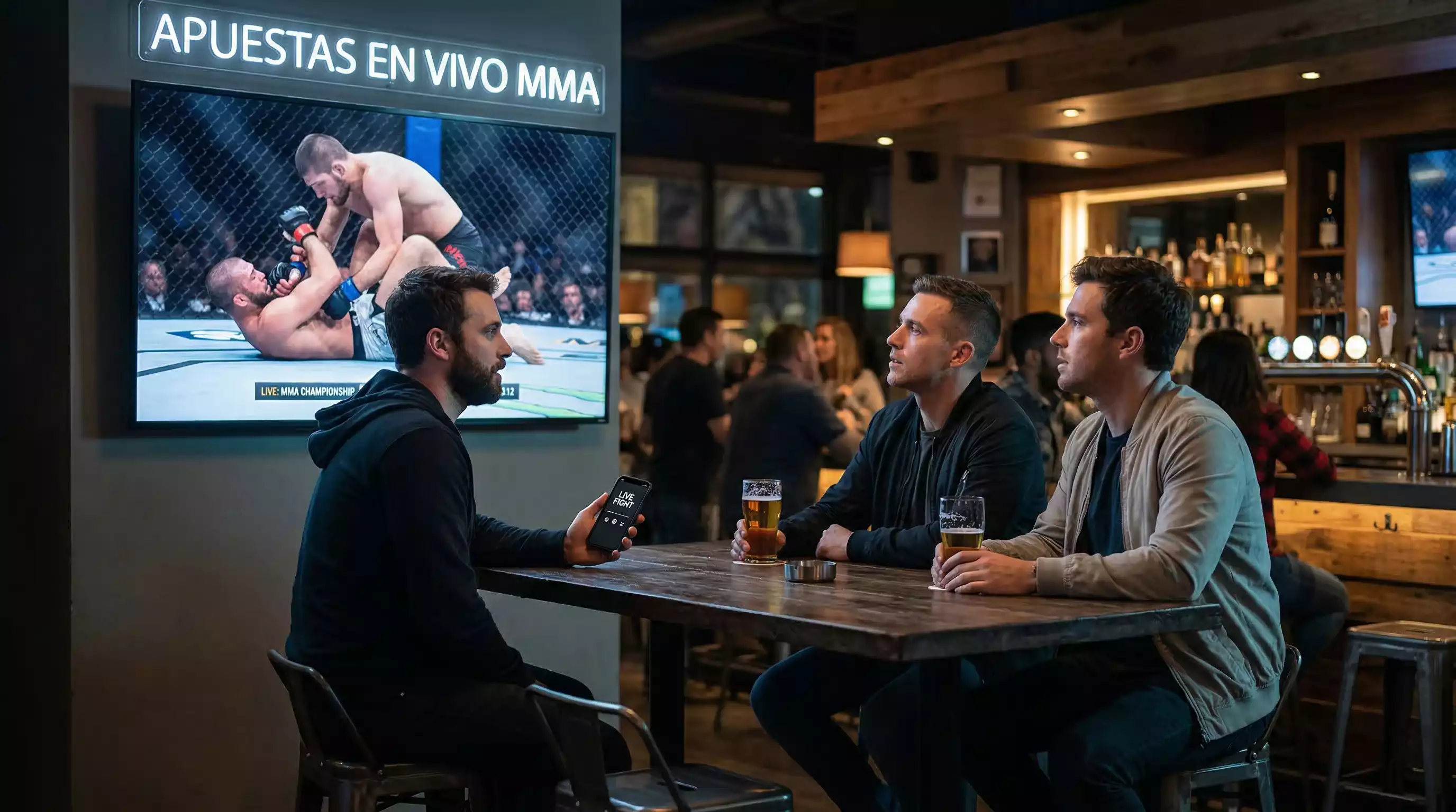 Grupo de aficionados viendo un combate de MMA en directo en una pantalla grande con ambiente de apuestas deportivas