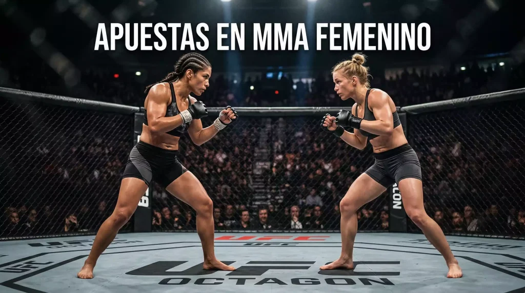 Dos luchadoras de MMA femenino en posición de combate dentro del octágono