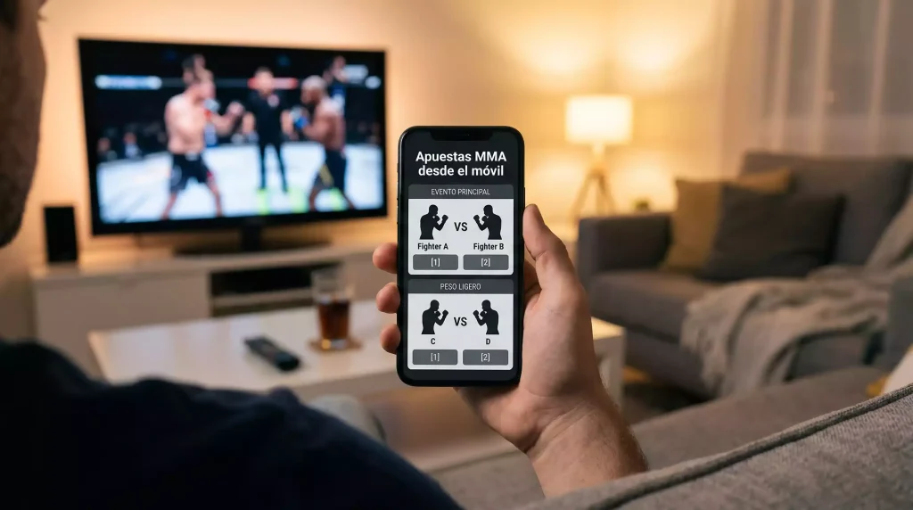 Mano sosteniendo un smartphone con una aplicación de apuestas deportivas de MMA abierta