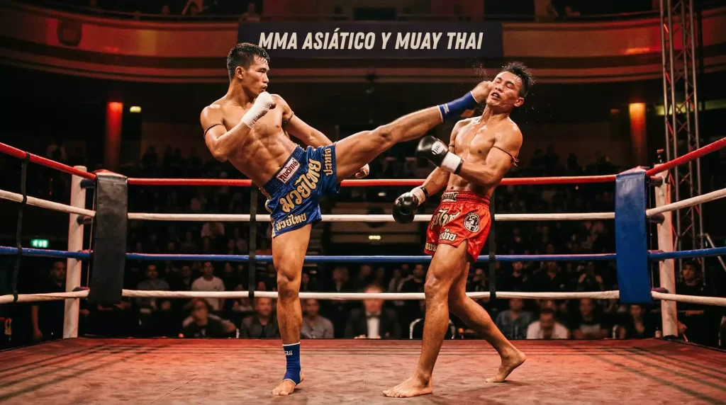 Peleador de Muay Thai lanzando una patada alta en un ring de ONE Championship