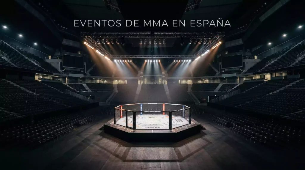 Octágono de UFC iluminado en una arena deportiva durante un evento de artes marciales mixtas