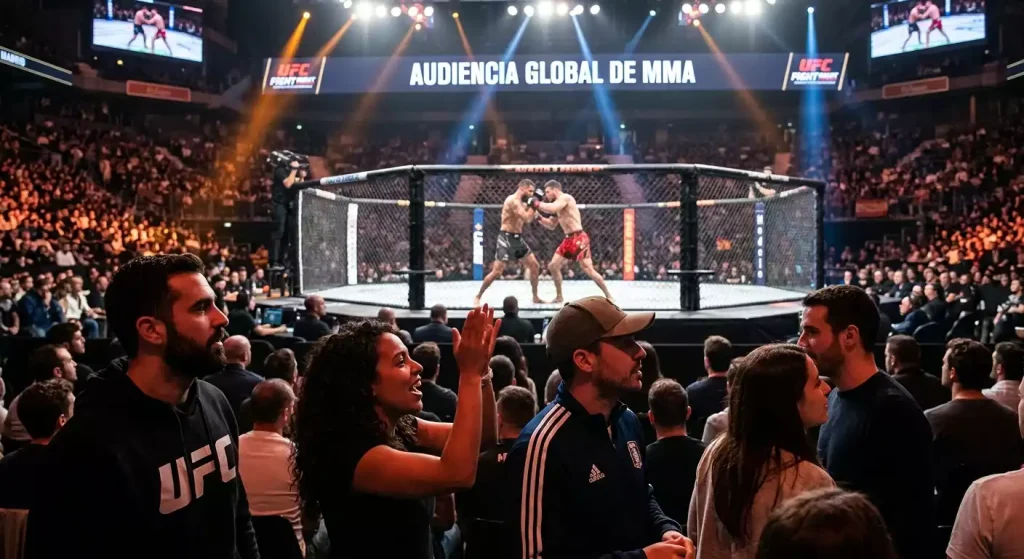 Multitud de aficionados animando durante un evento de MMA en un estadio con el octágono de fondo