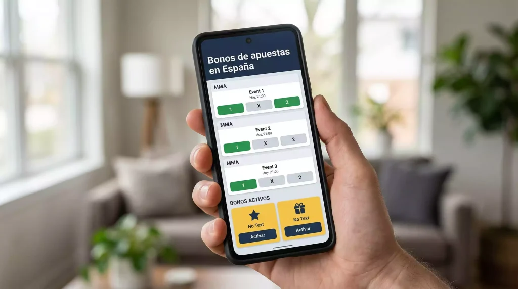 Pantalla de móvil mostrando una interfaz de operador de apuestas deportivas con una promoción activa