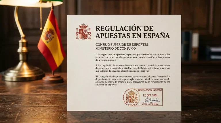 Documento oficial de licencia de juego online sobre un escritorio con bandera de España al fondo
