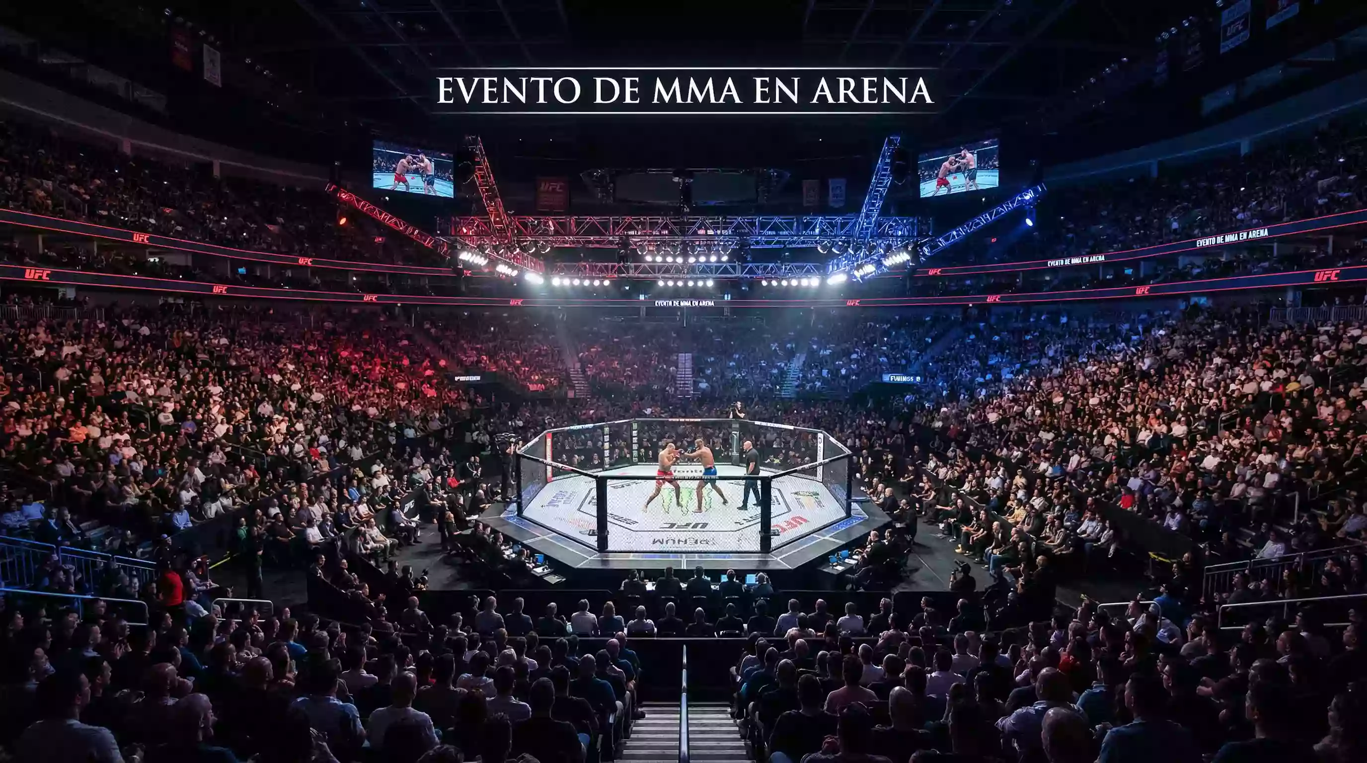 Arena llena de espectadores durante un evento de UFC con iluminación sobre el octágono