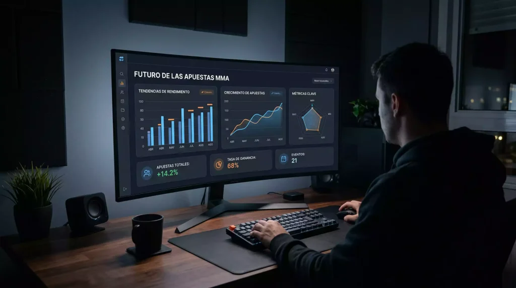 Pantalla digital con gráficos de datos y estadísticas de un combate de MMA en tiempo real