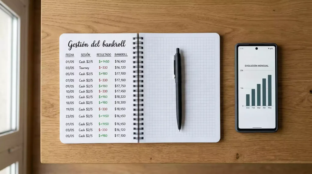 Cuaderno con anotaciones de apuestas deportivas junto a una calculadora sobre un escritorio