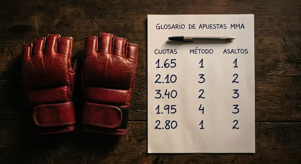 Primer plano de guantes de MMA junto a una hoja de cuotas de apuestas sobre una mesa