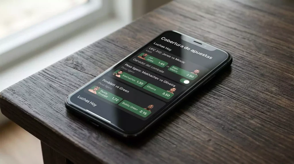 Pantalla de operador de apuestas mostrando cuotas de un combate de MMA con múltiples mercados abiertos