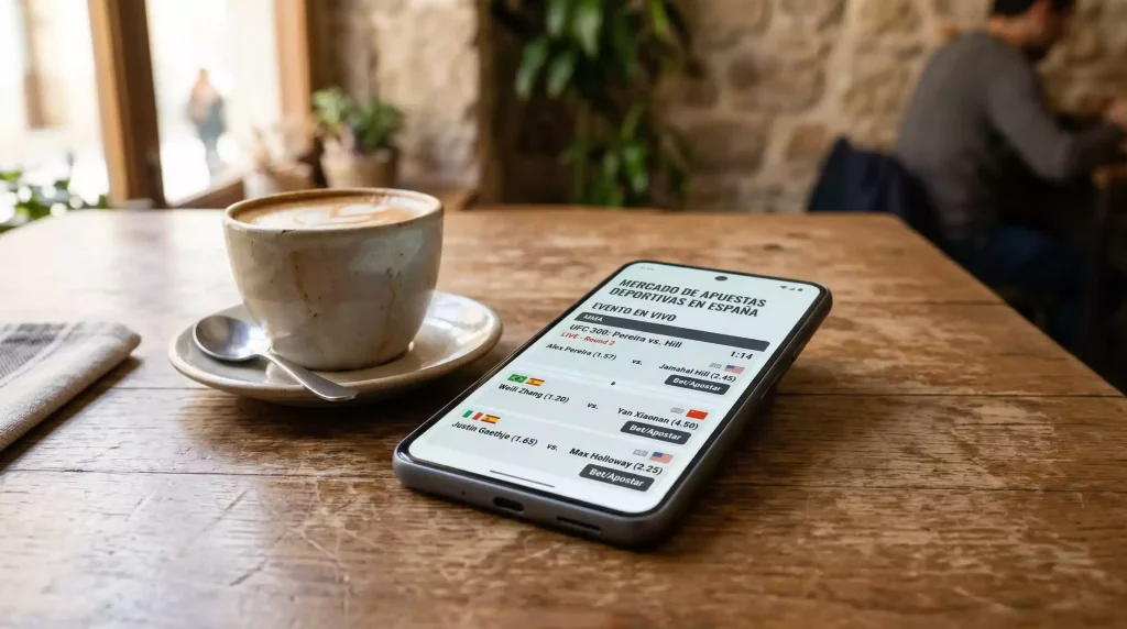 Smartphone mostrando una aplicación de apuestas deportivas de MMA con cuotas de combates