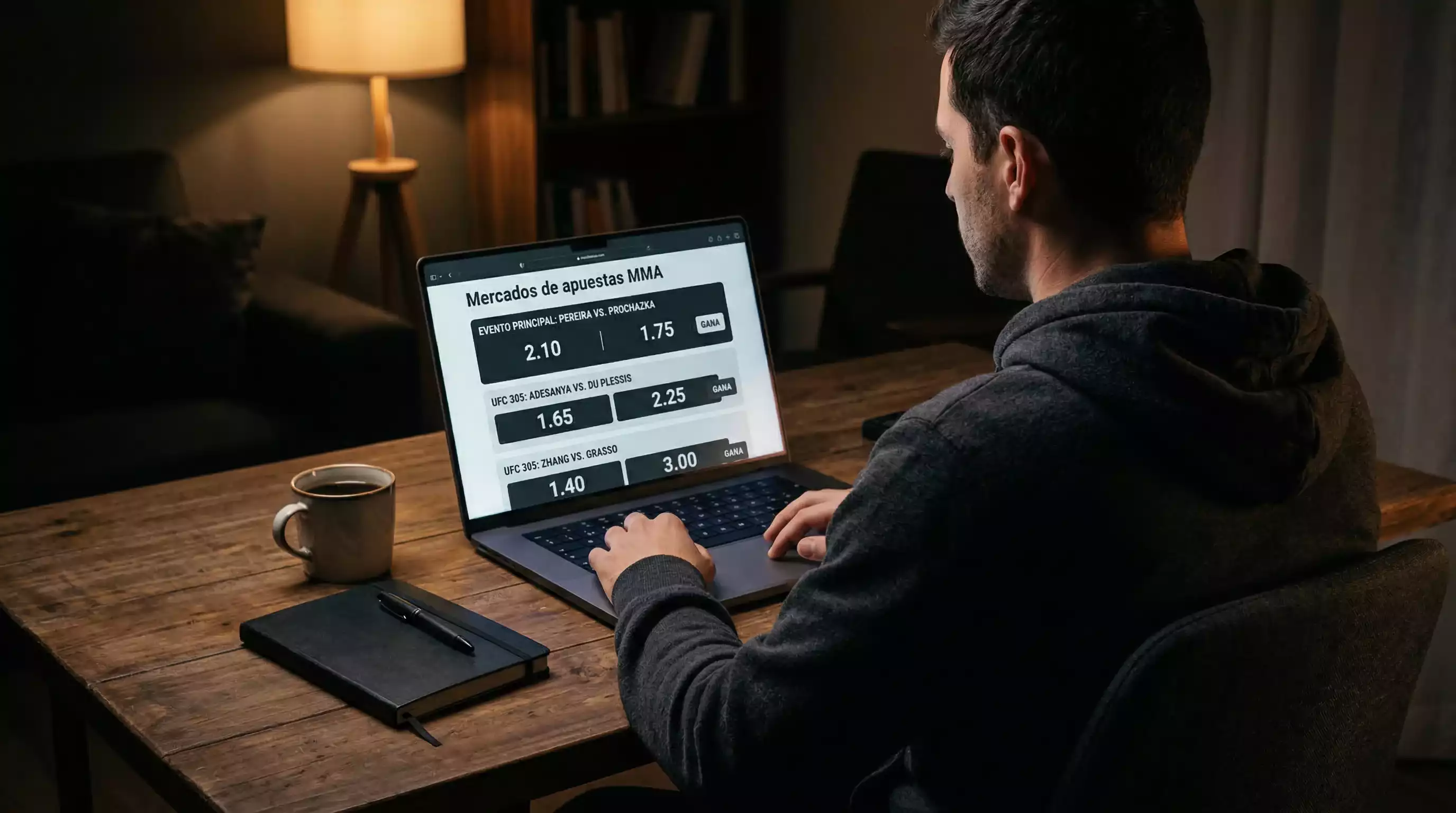 Persona analizando cuotas y mercados de apuestas de MMA en la pantalla de un portátil