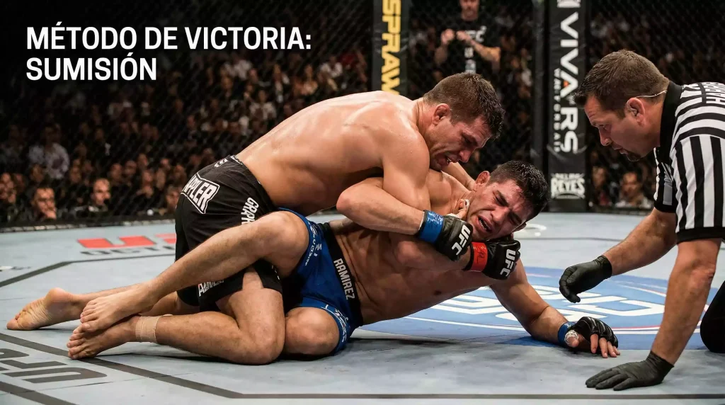 Peleador de MMA ejecutando una llave de sumisión en el suelo del octágono