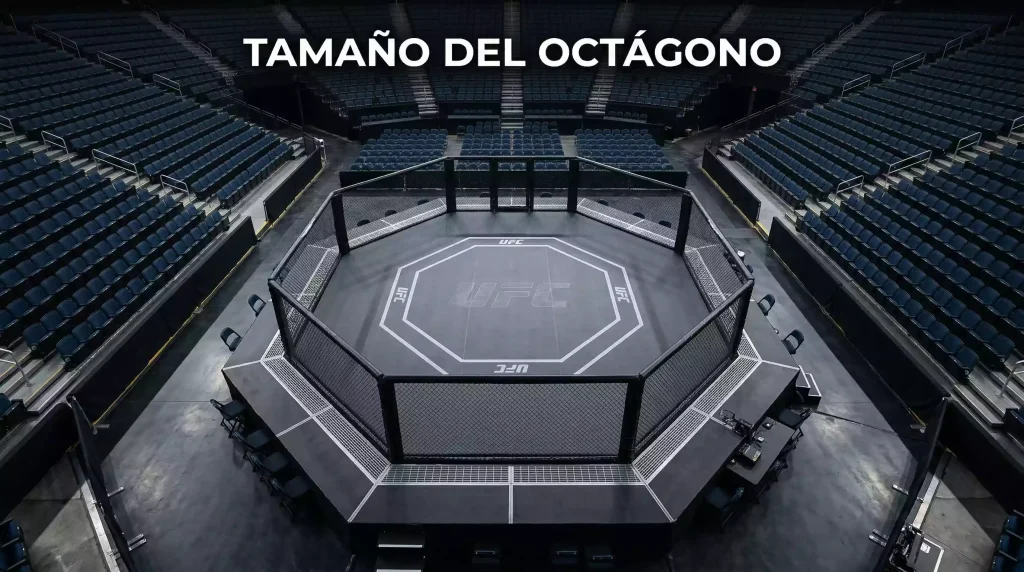 Octágono de UFC vacío visto desde arriba mostrando las dimensiones del área de combate
