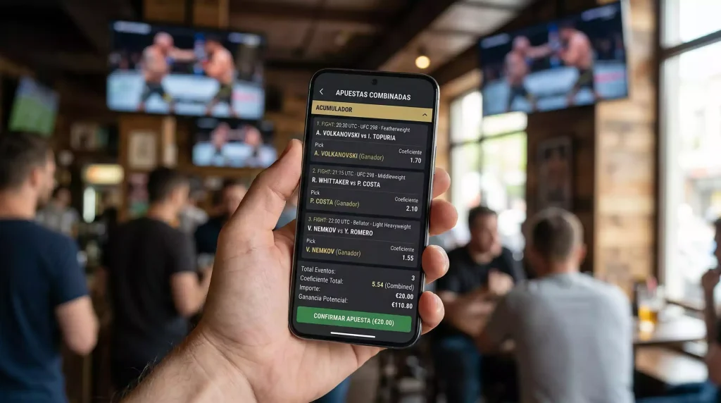 Pantalla de apuestas mostrando un parlay combinado de varios combates de MMA con cuotas decimales
