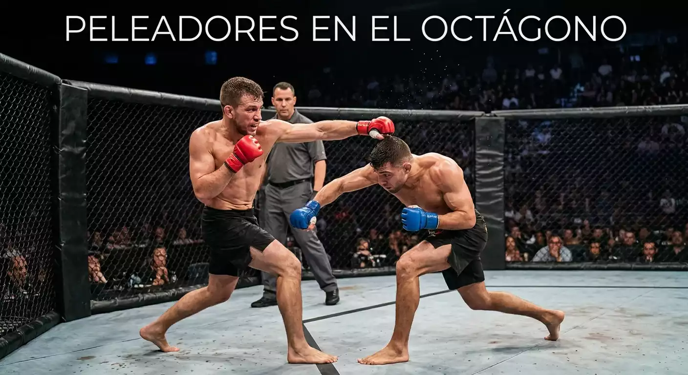 Dos peleadores de artes marciales mixtas compitiendo dentro del octágono durante un combate de MMA