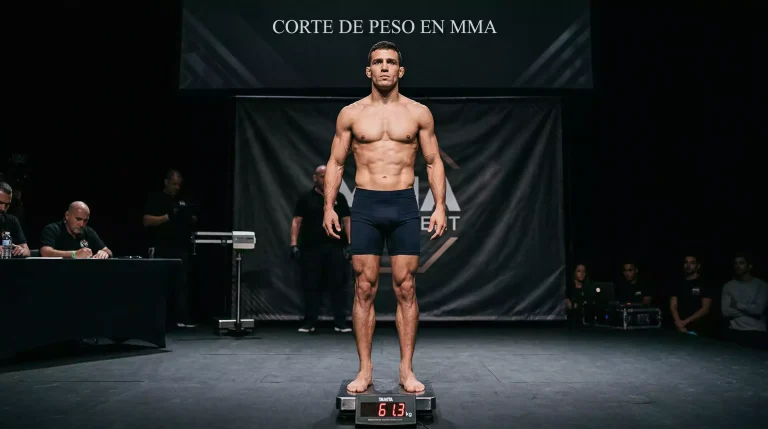 Peleador de MMA en el pesaje oficial subido a la báscula antes de un combate