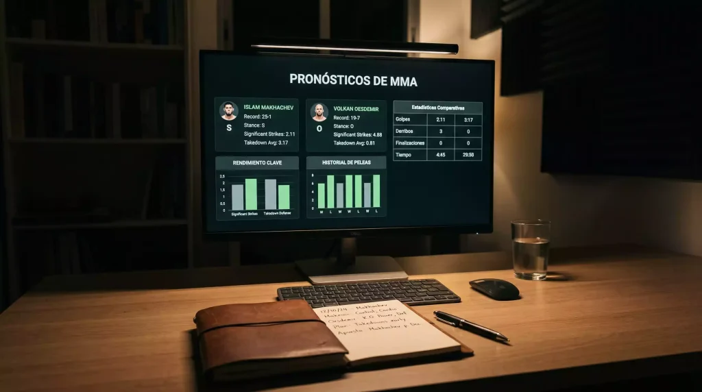 Pantalla de ordenador mostrando estadísticas y datos de peleadores de UFC