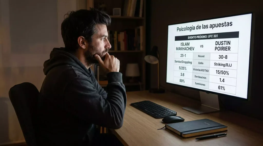 Persona concentrada analizando datos de combates de MMA en una pantalla de ordenador