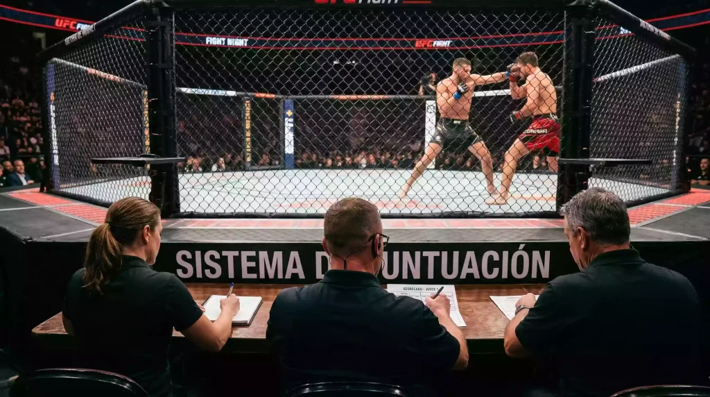Jueces de MMA sentados junto al octágono evaluando un combate con tarjetas de puntuación