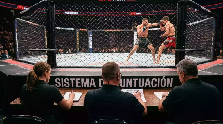 Jueces de MMA sentados junto al octágono evaluando un combate con tarjetas de puntuación