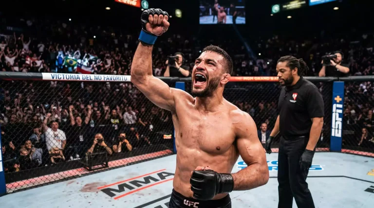 Peleador de MMA celebrando una victoria inesperada como underdog en el octágono de UFC