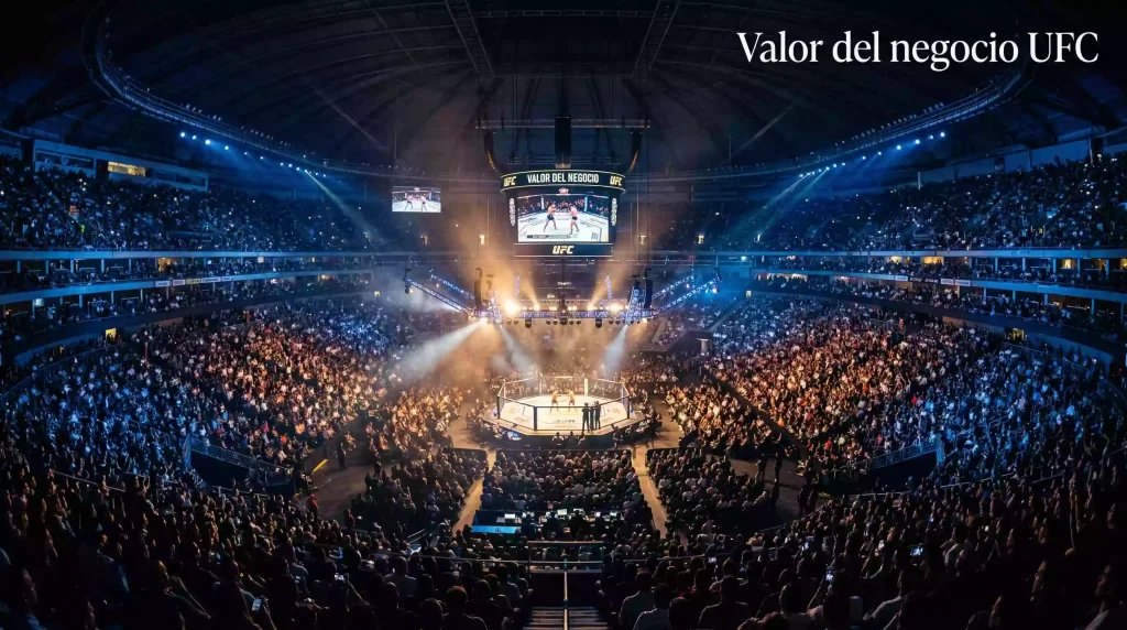 Vista panorámica de un estadio lleno durante un evento nocturno de UFC con el octágono iluminado en el centro