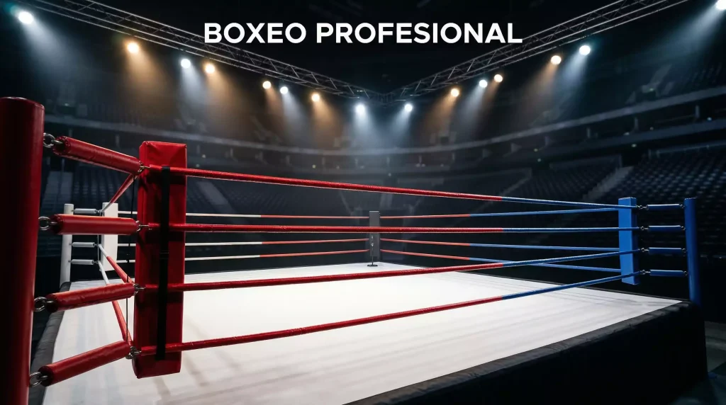 Ring de boxeo profesional iluminado bajo focos en un estadio preparado para un evento de boxeo