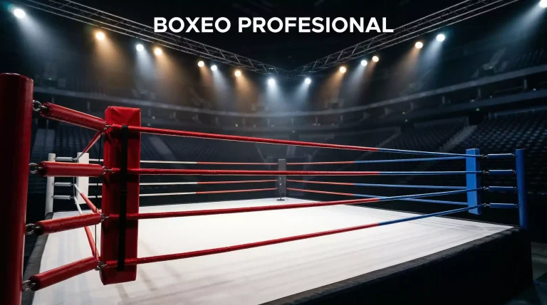 Ring de boxeo profesional iluminado bajo focos en un estadio preparado para un evento de boxeo